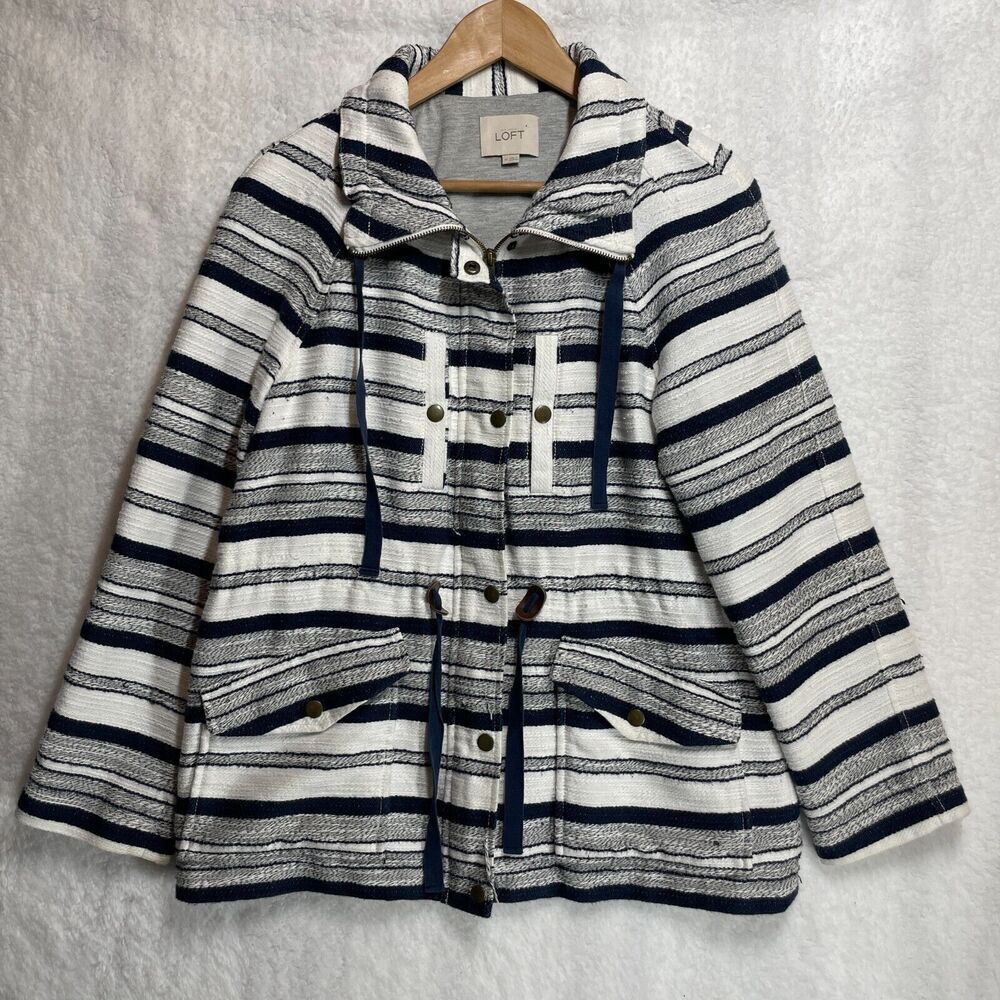 Loft Breton Nautical Jacket Women Size M Blue Striped Hooded Cinch Waist